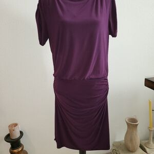 Ralph Lauren Purple Sheath Dress With Ruched Sleeves, Crew Neck